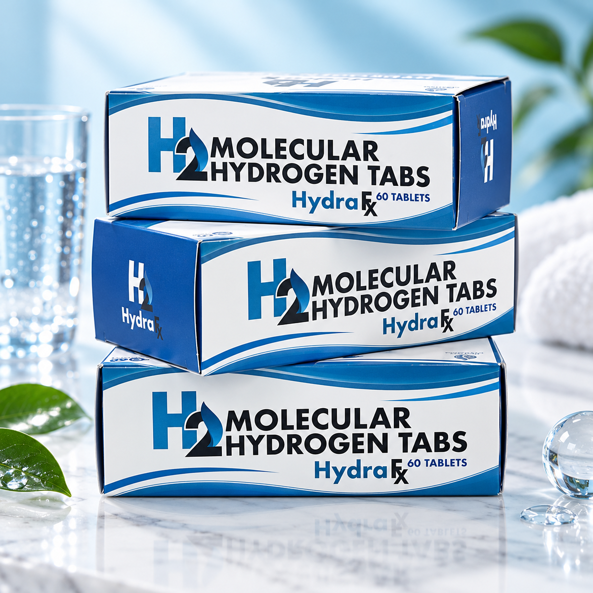 Three HydraFX molecular hydrogen supplement boxes, 60 tablets per box