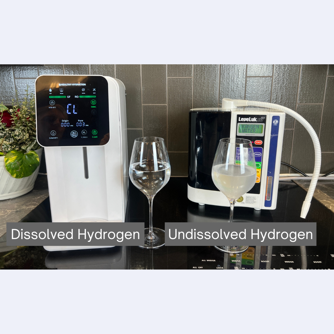 Hydra Luxe dissolved hydrogen water next to undissolved hydrogen water