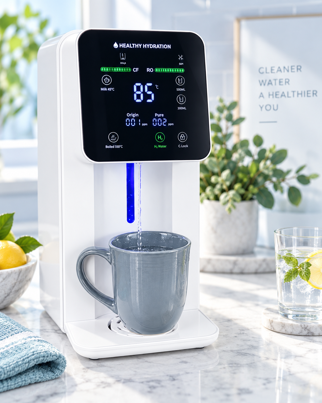 Healthy Hydration HydraLuxe countertop water system with its original controls, dispensing water into a mug