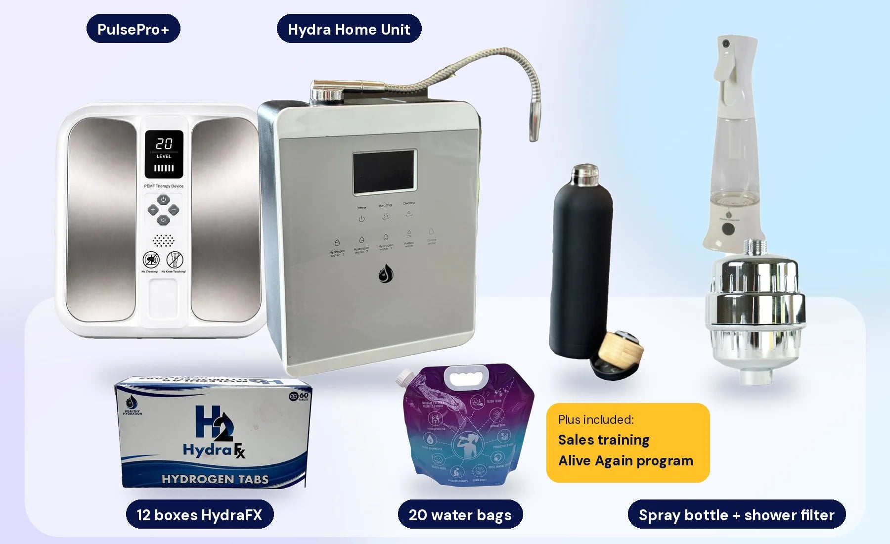 Affiliate Bundle Pack contents: PulsePro+, Hydra Home Unit, 12 boxes of HydraFX, 20 water bags, spray bottle, shower filter, plus sales training and the Alive Again program