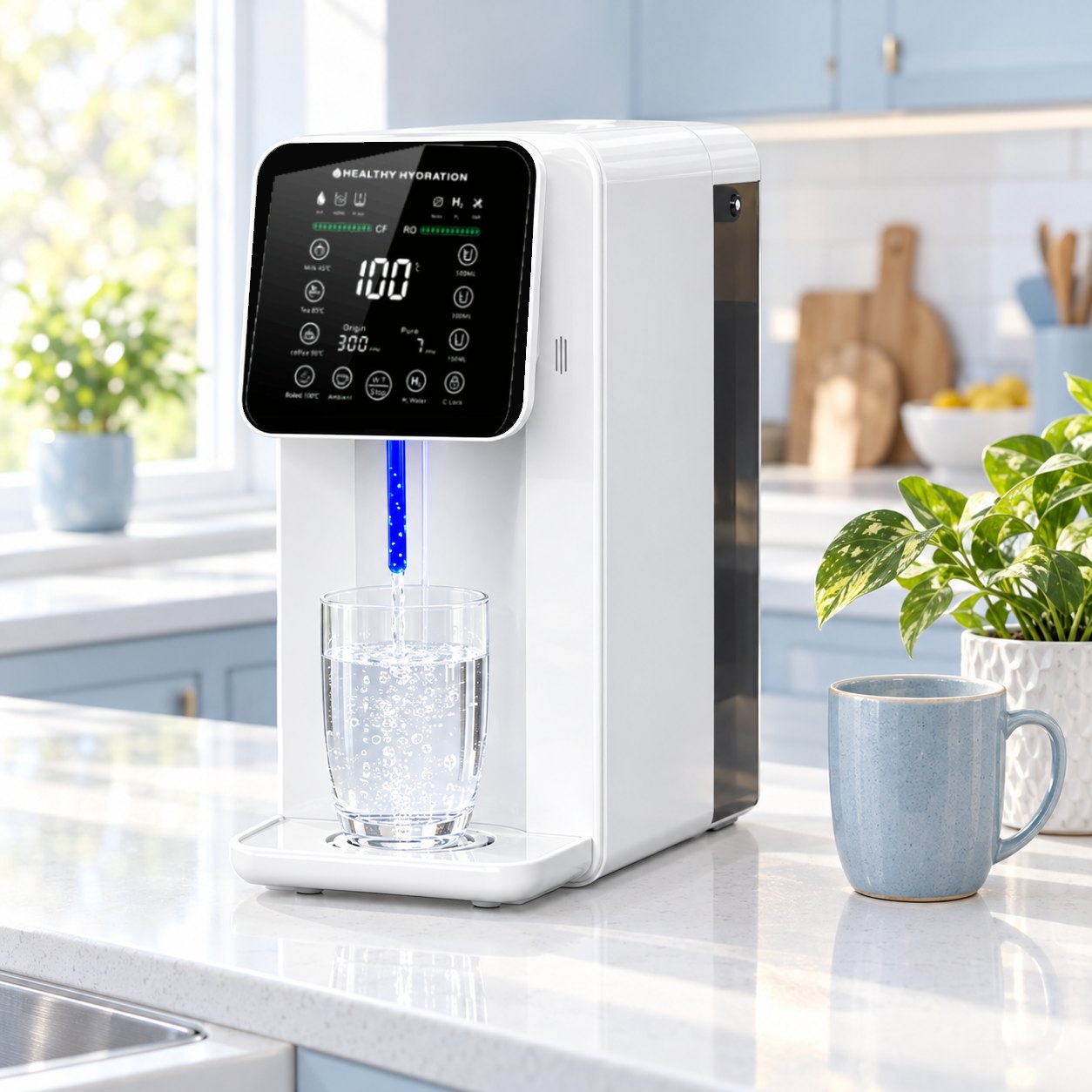 Hydra Luxe pouring a glass of water in a bright kitchen