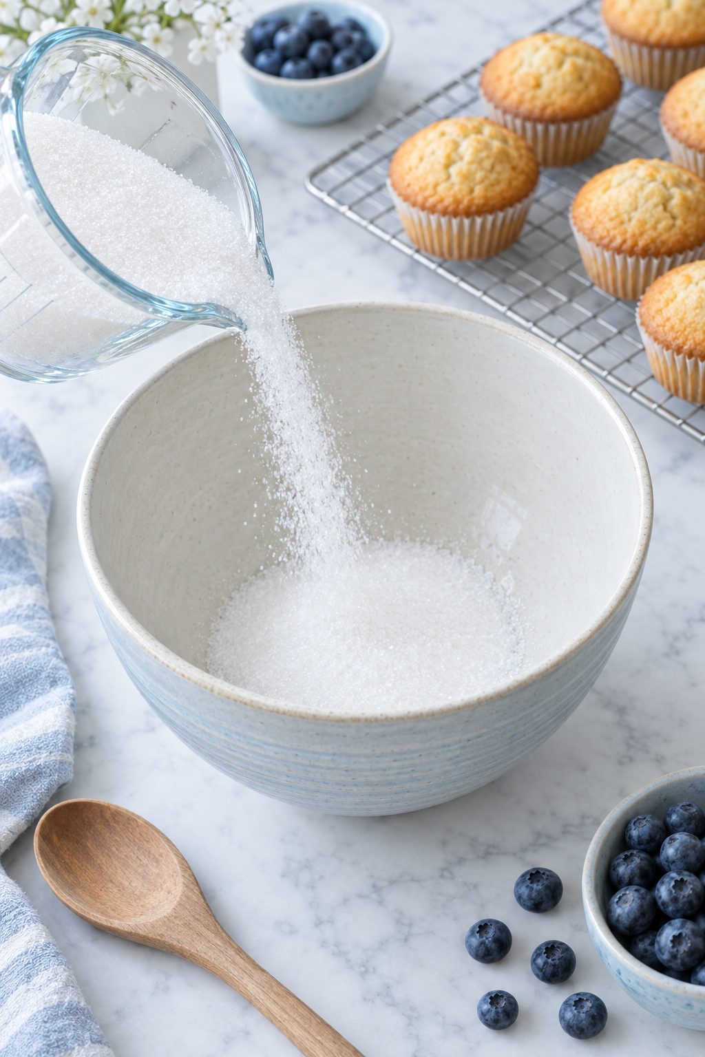 White sweetener crystals pouring from a glass measuring cup into a mixing bowl, with muffins and blueberries nearby