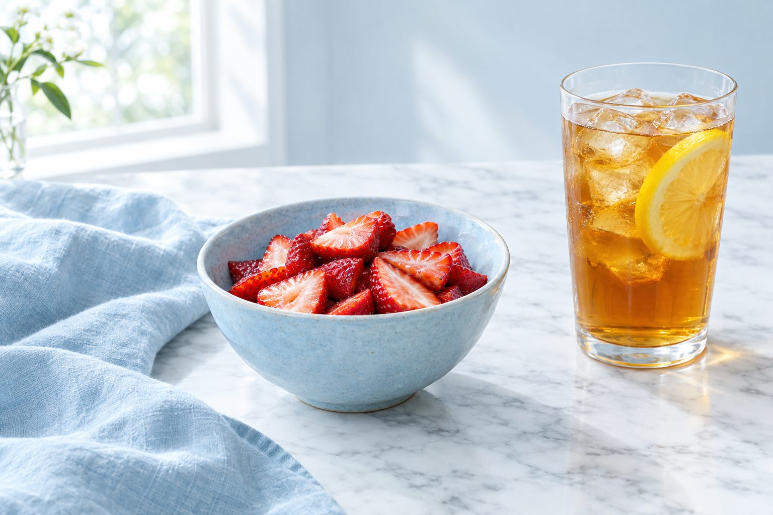 Sliced strawberries in a pale blue bowl beside a glass of iced tea with lemon