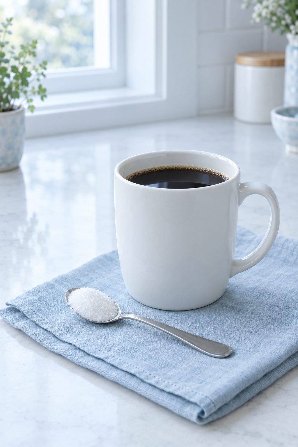 White mug of black coffee beside a teaspoon of white sweetener crystals on a pale blue napkin