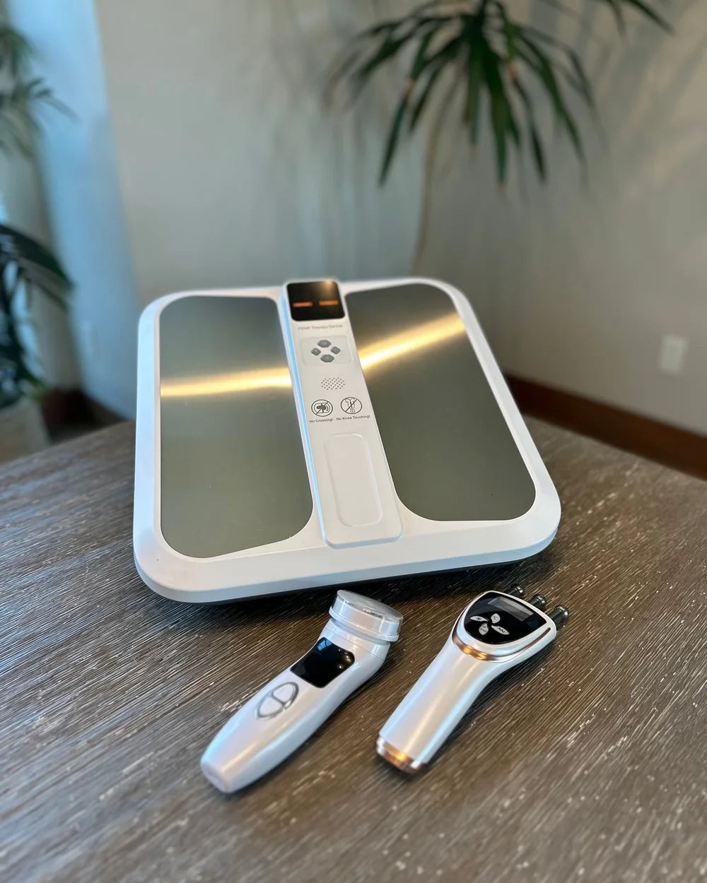 Pulse Pro Plus PEMF mat and handheld attachments on a wooden table